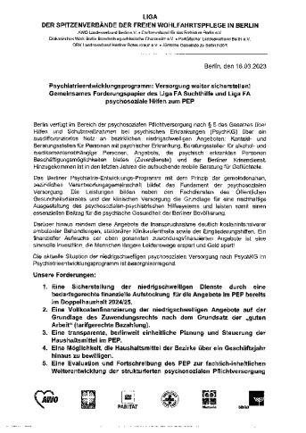 Psychiatrieentwicklungsprogramm: Versorgung weiter sicherstellen! Gemeinsames Forderungspapier des Liga FA Suchthilfe und Liga FA psychosoziale Hilfen zum PEP